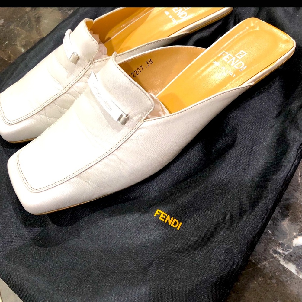 Fendi White Leather Mules